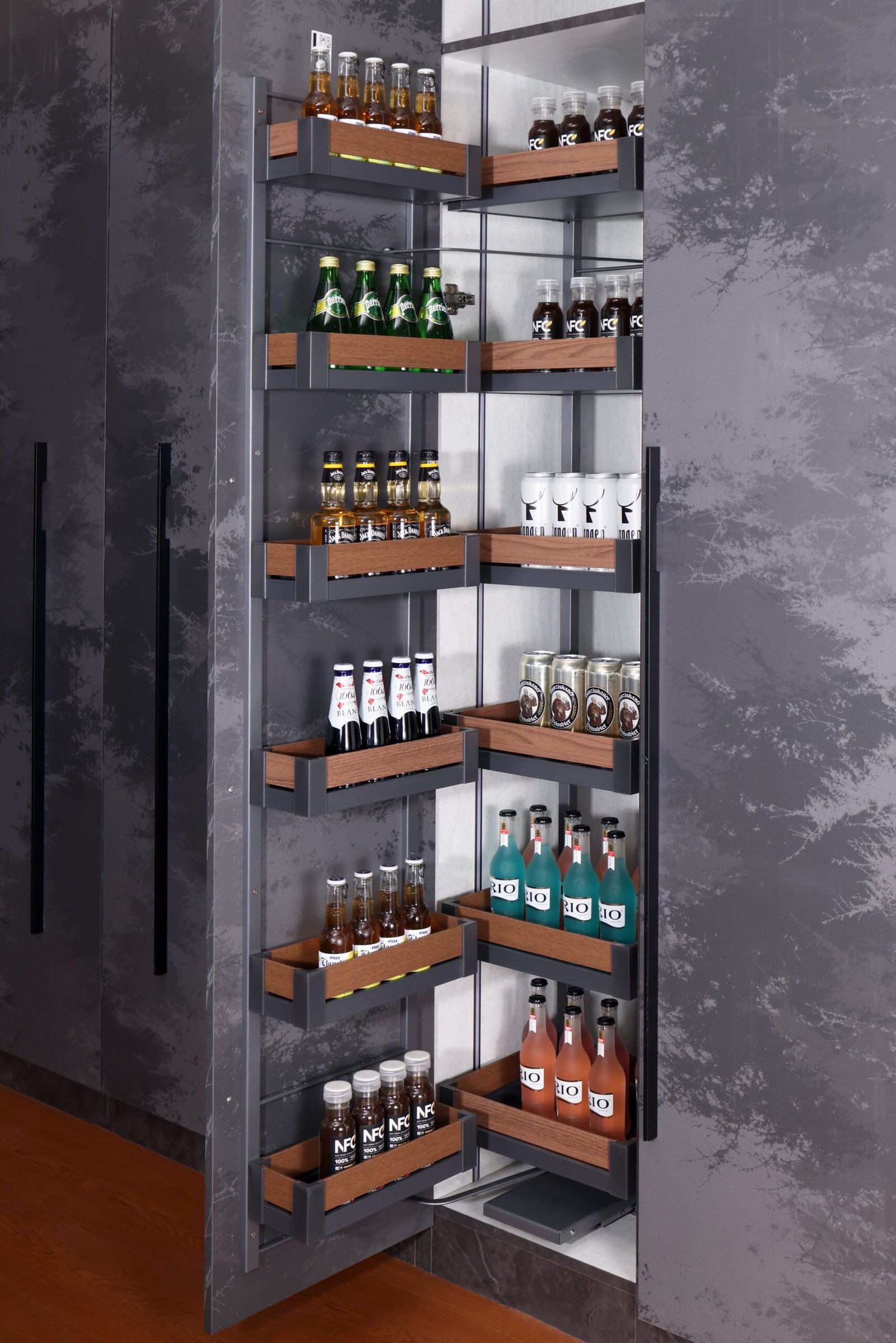Elegance Series large magic corner pull-out unit showing full extension of multi-layer corner storage in gunmetal gray.