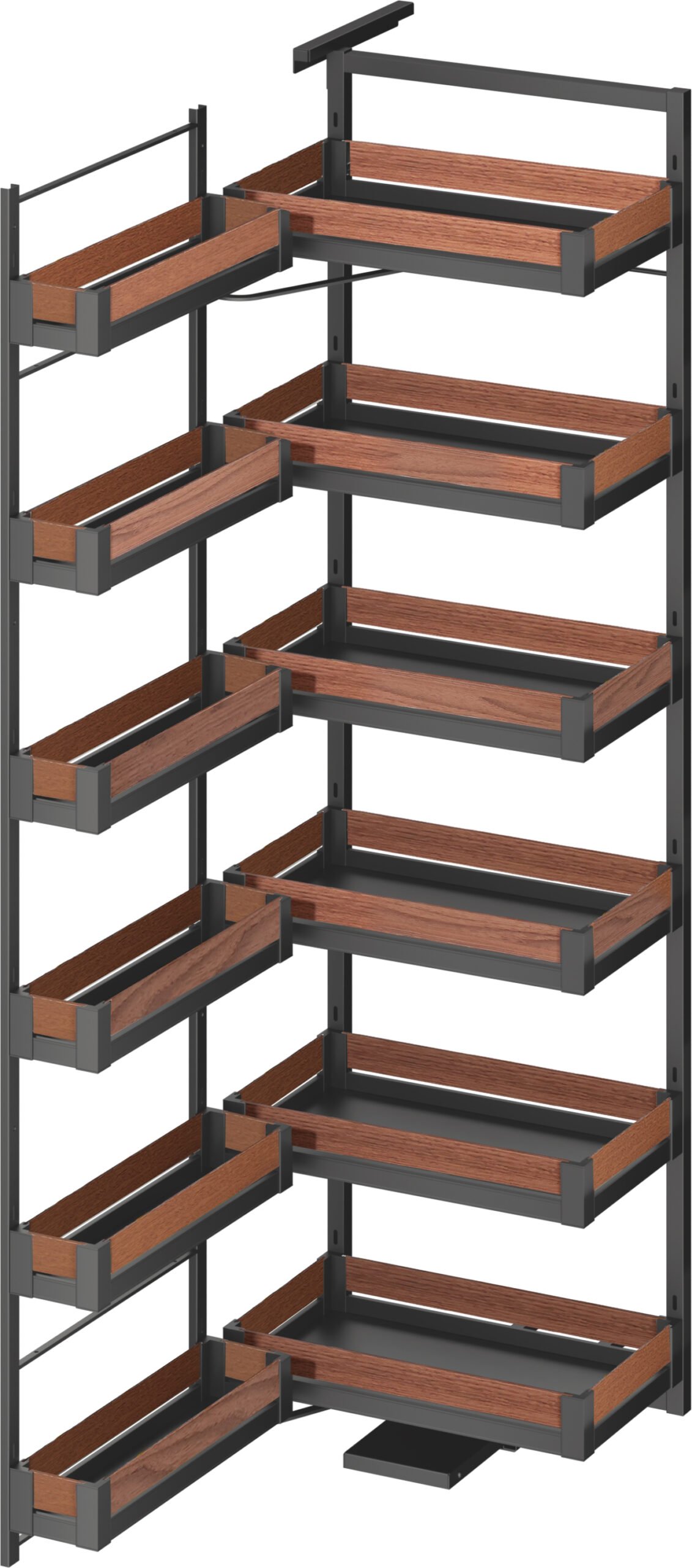 Elegance Series large magic corner storage system showing closed position with compact multi-layer baskets neatly aligned inside the cabinet frame in gunmetal gray.